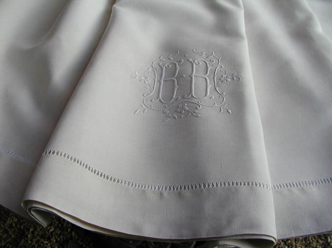 Superb pure linen sheet with  large monogram BB and drawn thread river