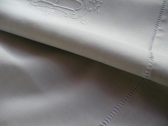 Superb pure linen sheet with  large monogram BB and drawn thread river