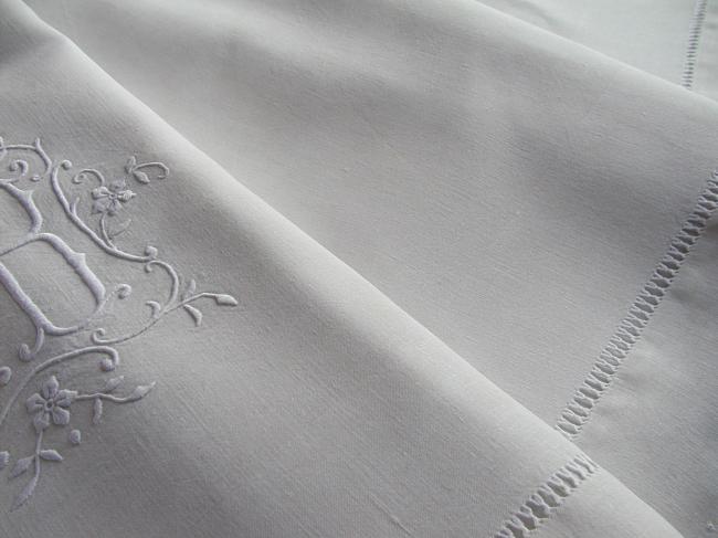 Superb pure linen sheet with  large monogram BB and drawn thread river