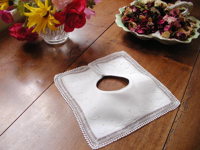 Enchanting and rare squared shape double baby bib with Valenciennes lace