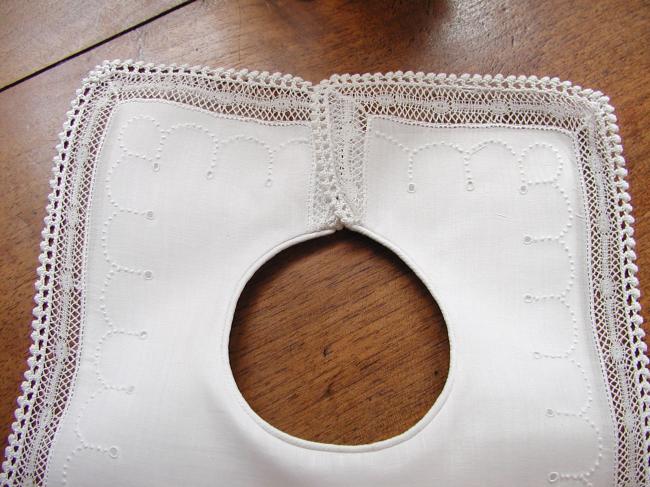 Enchanting and rare squared shape double baby bib with Valenciennes lace