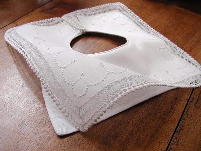 Enchanting and rare squared shape double baby bib with Valenciennes lace