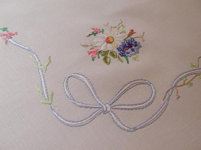 Breathtaking tablecloth with hand-embroidered large bouquet of spring flowers