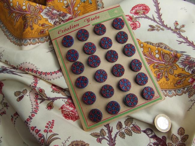 Superbe série de 24 boutons bleu& rouge,  imitation passementerie