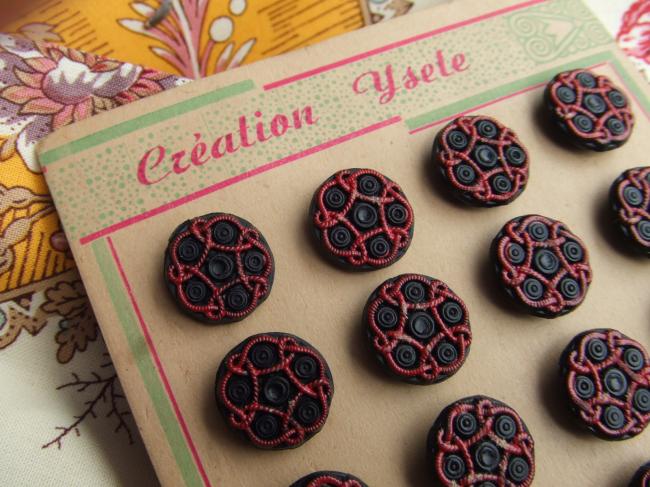 Superbe série de 24 boutons noir & rouge,  imitation passementerie