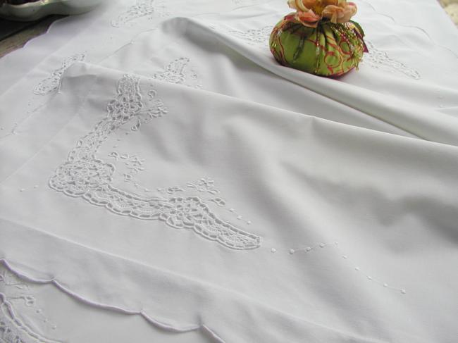 A lovely set of 3 pillow cases in cotton with hand-made crochet lace inserts