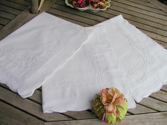 A lovely set of 3 pillow cases in cotton with hand-made crochet lace inserts