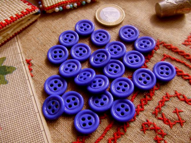 Lot de 12 petits boutons en pate de verre, Bleu Roy, 4 trous, 15mm de diamètre