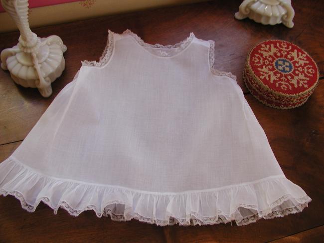 Adorable little day or night baby dress in linen lawn with Valenciennes lace