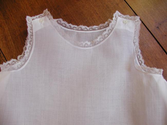 Adorable little day or night baby dress in linen lawn with Valenciennes lace