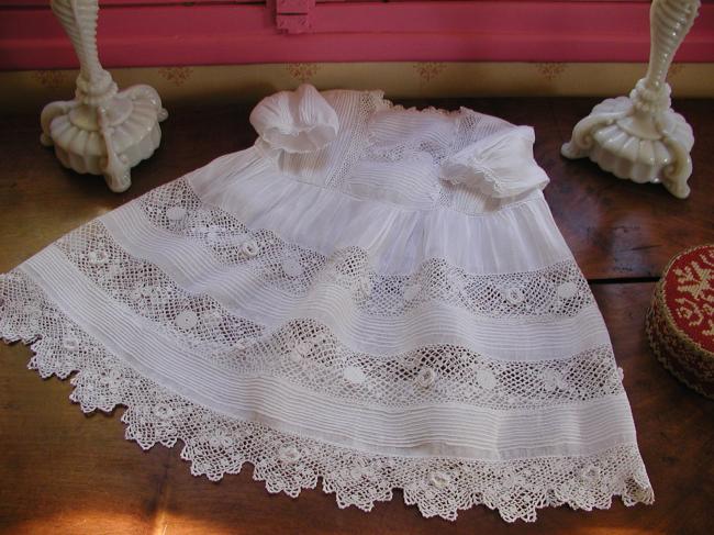 Gorgeous baby dress with Irish point lace and religious folds, 1890