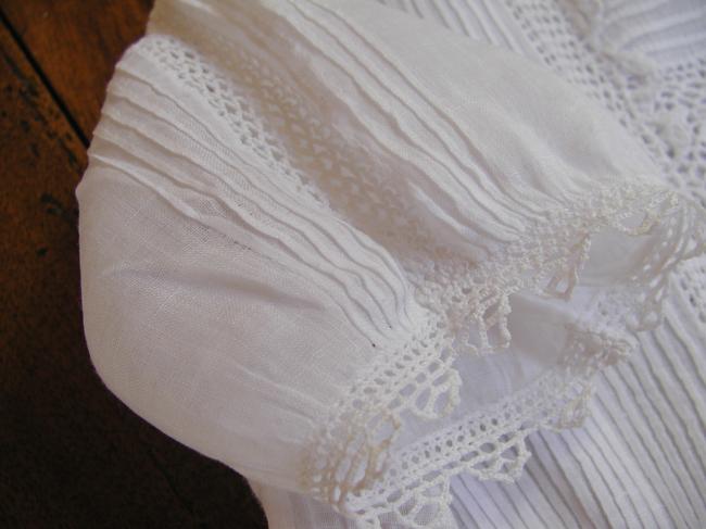 Gorgeous baby dress with Irish point lace and religious folds, 1890