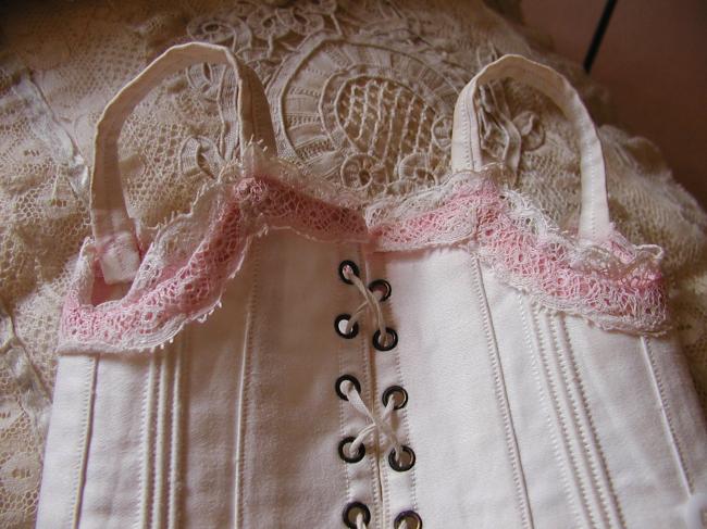 Adorable little corset for doll (Jumeau?) in ivory silk with Valenciennes lace