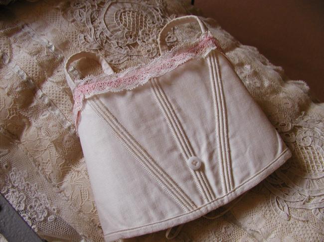 Merveilleux corset de poupée en soie et petite dentelle, taille n°8 (Jumeau?)