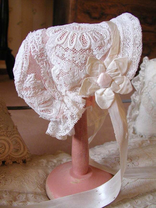 Exceptional doll bonnet with hand-embroidery Ayrshire and Valenciennes lace