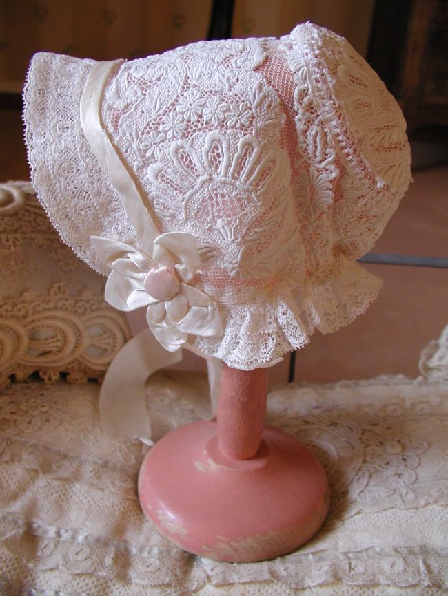 Exceptional doll bonnet with hand-embroidery Ayrshire and Valenciennes lace