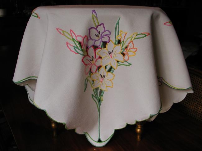 Gorgeous colorful tablecloth with embroidered lilies