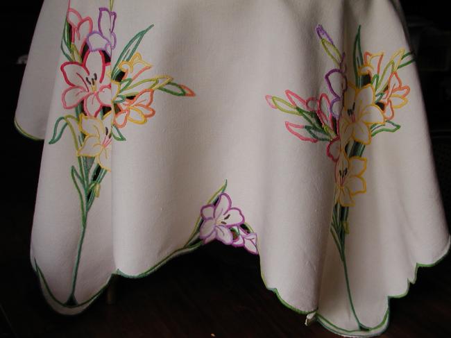 Gorgeous colorful tablecloth with embroidered lilies