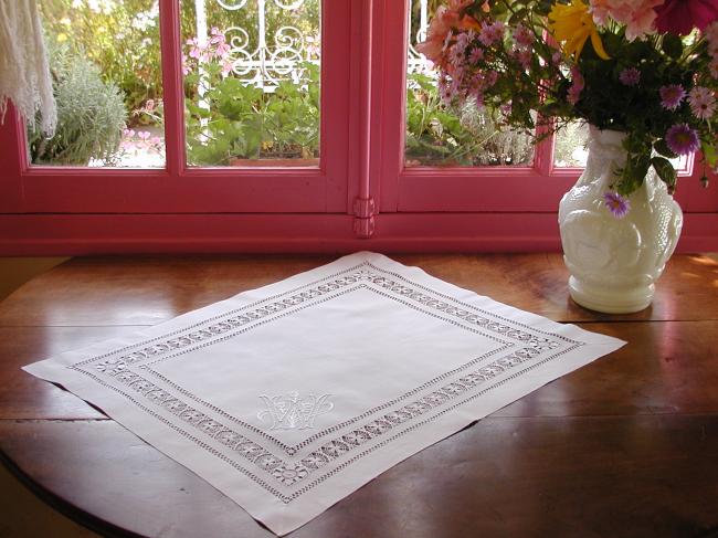 Wonderful Tenerife drawn thread table centre with a monogram W or M