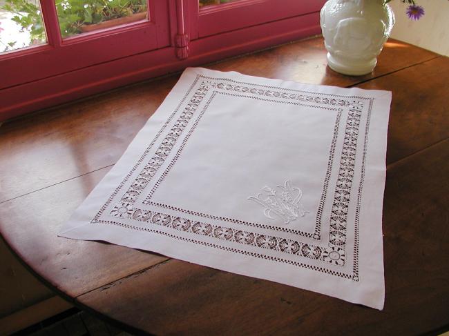 Wonderful Tenerife drawn thread table centre with a monogram W or M