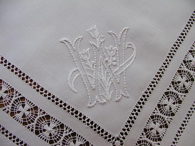 Wonderful Tenerife drawn thread table centre with a monogram W or M