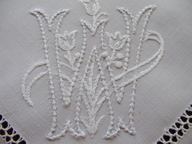 Wonderful Tenerife drawn thread table centre with a monogram W or M