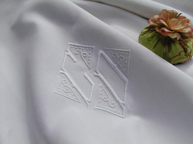 Superb heavy linen sheet with monogramm CD and Venizia drawn thread river