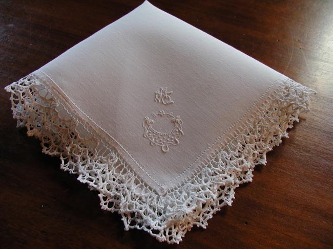 Crochet lace and lovely monogramm MC with garland of ribbon