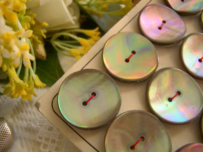 Carte ancienne de 12 boutons de nacre (burgau) grise irisée de rose & vert 22mm