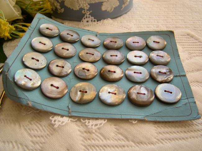 Carte ancienne de 24 boutons de nacre (burgau) grise irisée de vert 17mm