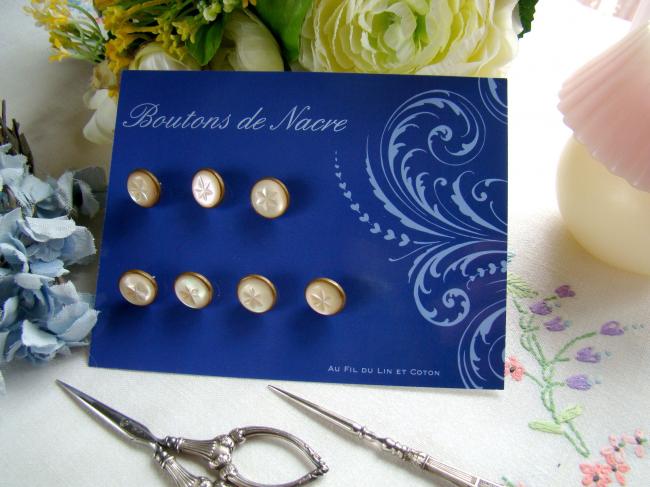 Belle collection de 7 boutons anciens en nacre irisée,  sertis de cuivre 1900