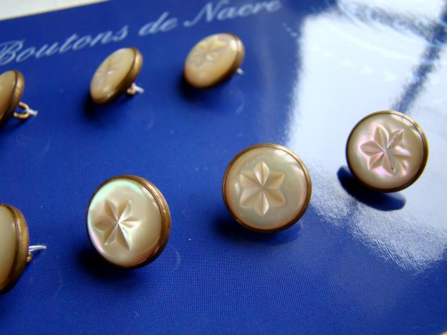 Belle collection de 7 boutons anciens en nacre irisée,  sertis de cuivre 1900