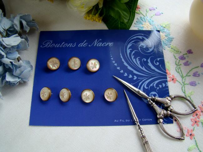 Belle collection de 7 boutons anciens en nacre irisée,  sertis de cuivre 1900