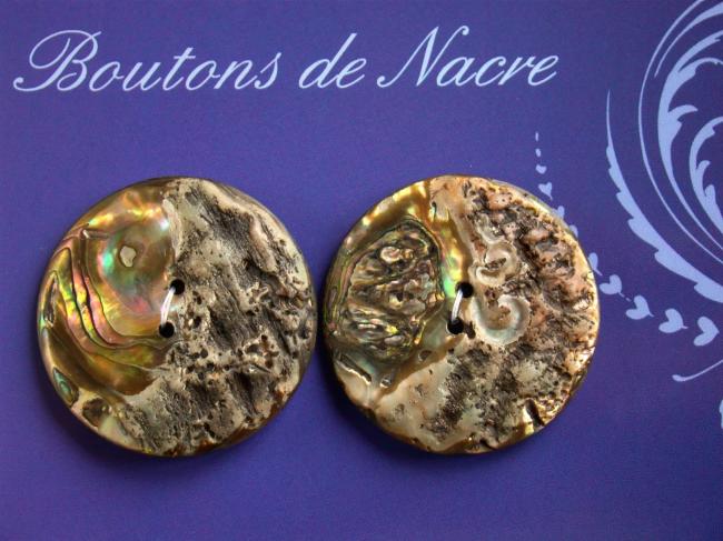 2 superbes gros boutons ancien de nacre en Ormeau (Abalone) en 40mm
