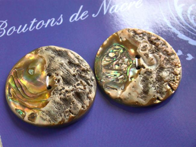 2 superbes gros boutons ancien de nacre en Ormeau (Abalone) en 40mm