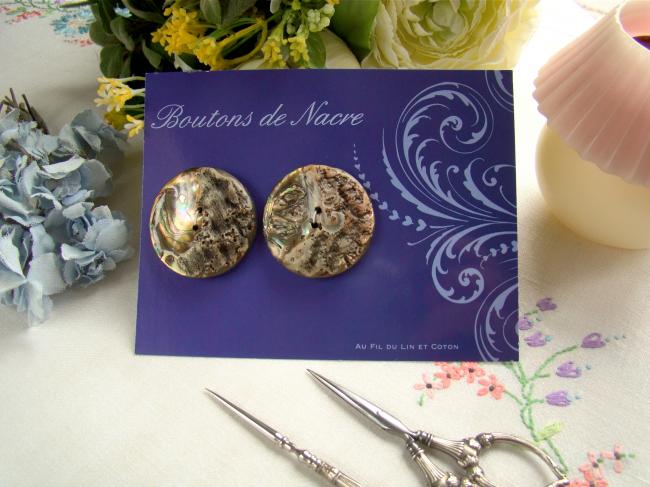 2 superbes gros boutons ancien de nacre en Ormeau (Abalone) en 40mm
