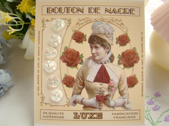 Carte de 6 boutons anciens fleurs en nacre gravés main Ø 10mm