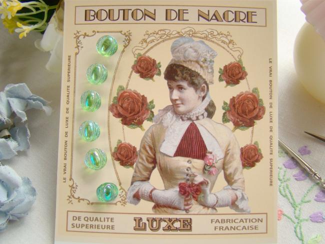 Adorable carte de 6 boutons anciens en verre irisé vert pomme Ø 10mm