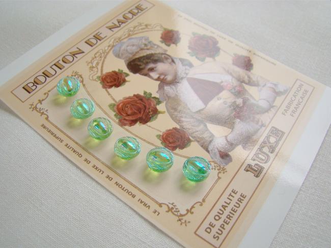 Adorable carte de 6 boutons anciens en verre irisé vert pomme Ø 10mm