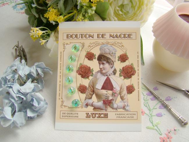 Adorable carte de 6 boutons anciens en verre irisé vert pomme Ø 10mm