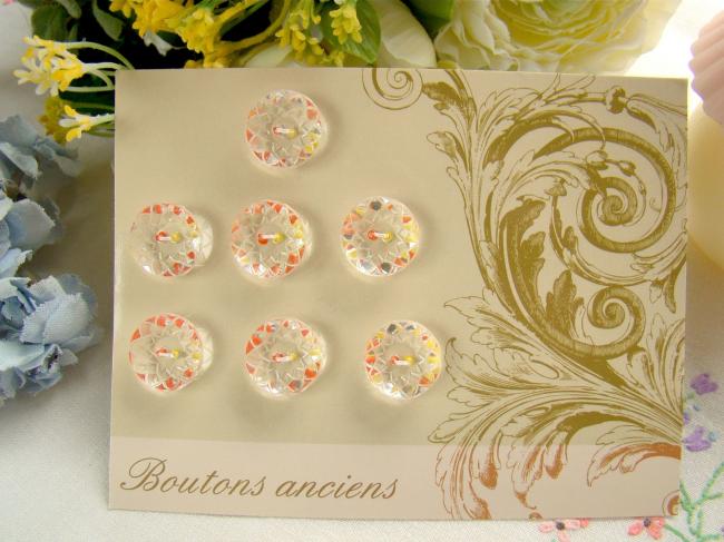Adorable carte de 7 boutons anciens en verre transparent, reflets colorés Ø 18mm