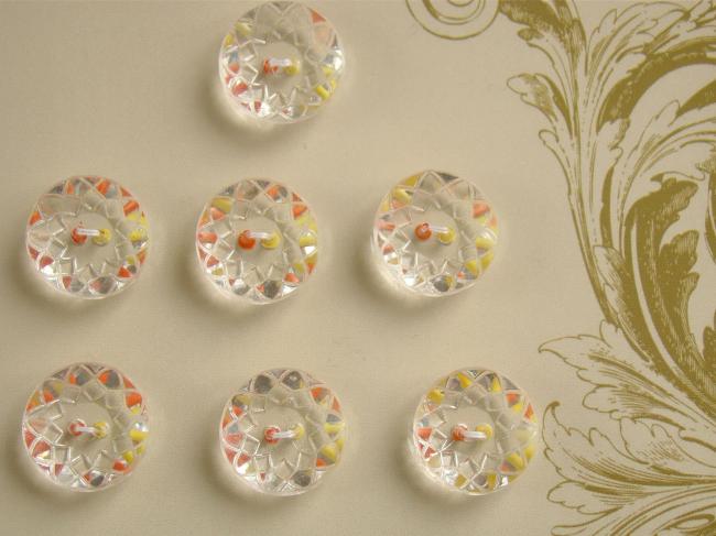 Adorable carte de 7 boutons anciens en verre transparent, reflets colorés Ø 18mm