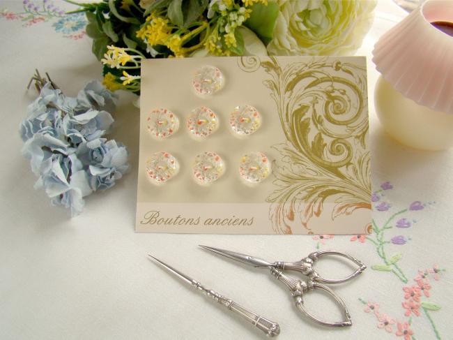 Adorable carte de 7 boutons anciens en verre transparent, reflets colorés Ø 18mm
