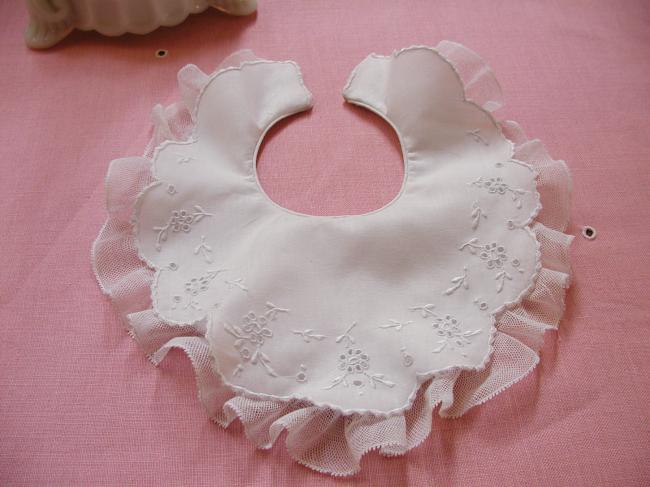 Adorable double baby bib with hand embroidered flowers and net lace