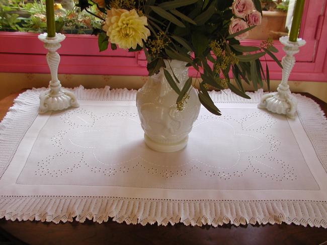 Wonderful  table centre with white floral embroidery & fine knitting lace 1920