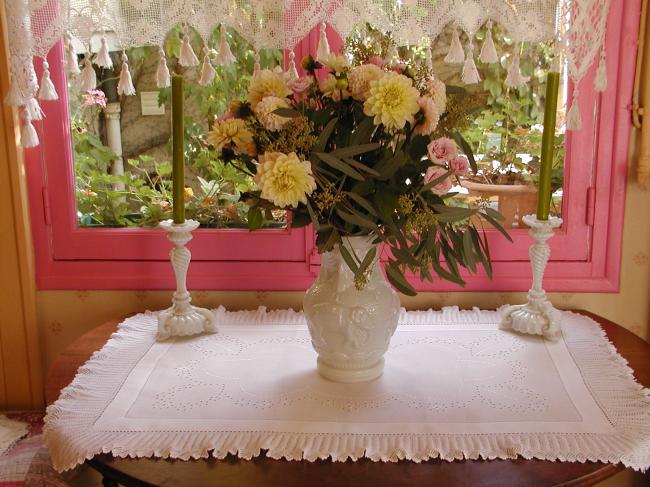 Wonderful  table centre with white floral embroidery & fine knitting lace 1920