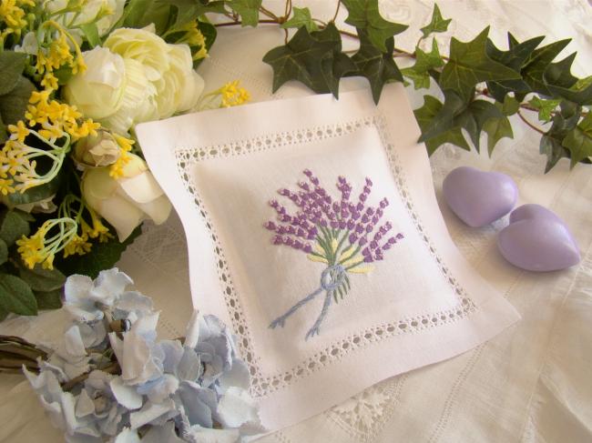 Sweet lavender sachet with hand-embroidered lavender bouquet