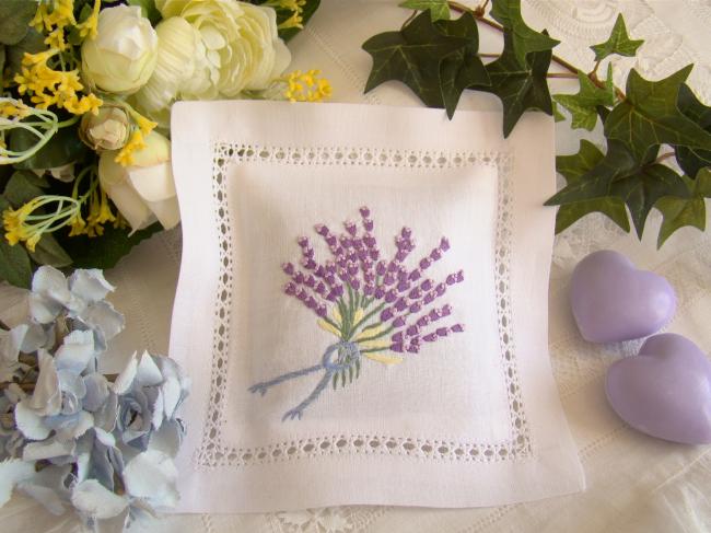 Sweet lavender sachet with hand-embroidered lavender bouquet