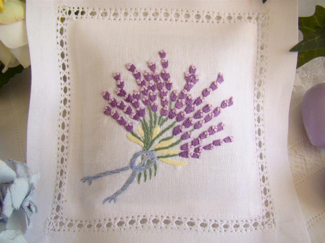 Sweet lavender sachet with hand-embroidered lavender bouquet