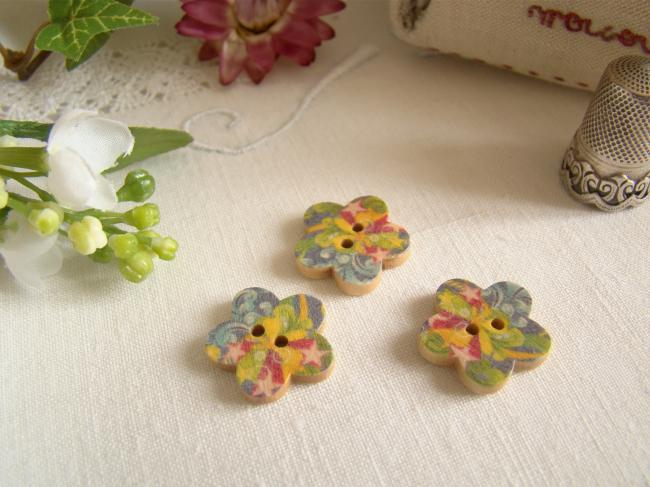 Adorable petit bouton en bois coloré en forme de fleur motif étoiles  Ø 17mm